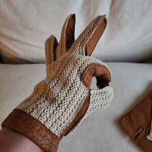 Unworn Vintage Leather & Crochet Driving Gloves - Sz L - Unisex
